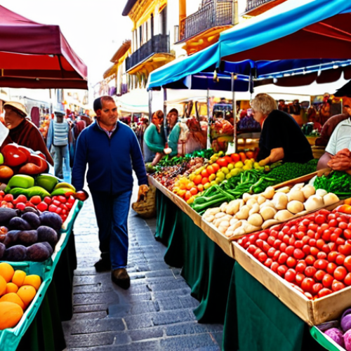 Home 4 **A vibrant farmer's market scene in Spain, overflowing with colorful, seasonal fruits and vegetables. Local farmers are interacting with customers, showcasing their fresh produce.**
