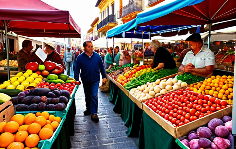 **A vibrant farmer's market scene in Spain, overflowing with colorful, seasonal fruits and vegetables. Local farmers are interacting with customers, showcasing their fresh produce.**