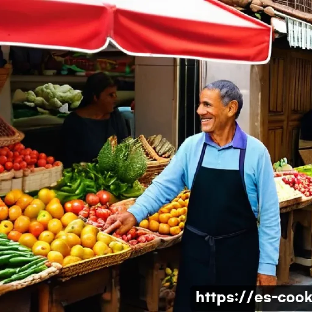 지속 가능한 요리 기술과 그 적용 사례 - **Vibrant Spanish Mercado de Abastos Scene:** A bustling and colorful indoor Spanish *Mercado de Aba...