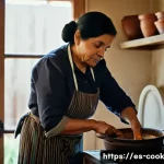 문화적 배경이 반영된 요리 기술의 중요성 - A warm, intimate kitchen scene showing a middle-aged Hispanic woman wearing traditional modest cloth...