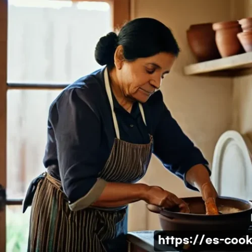 문화적 배경이 반영된 요리 기술의 중요성 - A warm, intimate kitchen scene showing a middle-aged Hispanic woman wearing traditional modest cloth...