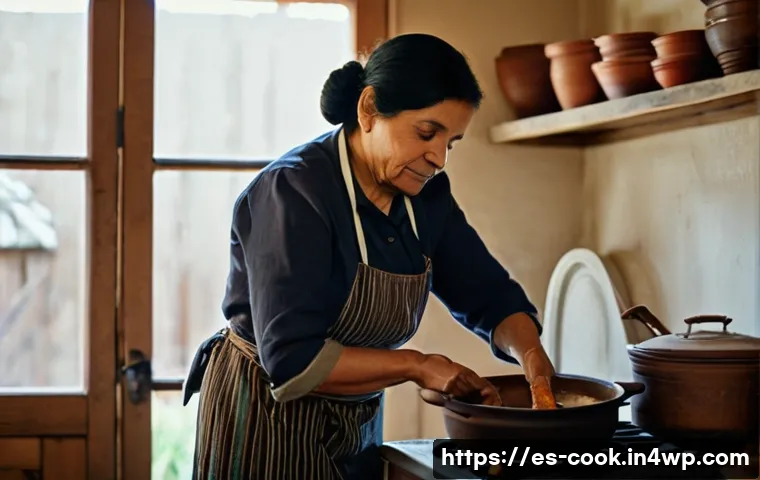 문화적 배경이 반영된 요리 기술의 중요성 - A warm, intimate kitchen scene showing a middle-aged Hispanic woman wearing traditional modest cloth...