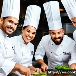 요리 기술 통합을 위한 협업 모델 - A vibrant professional kitchen scene showing a diverse team of chefs collaborating closely, blending...
