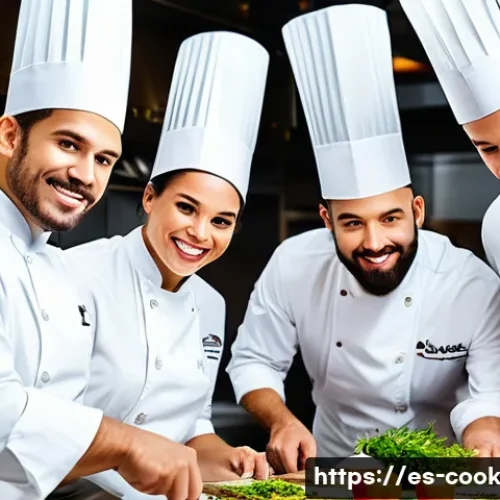 요리 기술 통합을 위한 협업 모델 - A vibrant professional kitchen scene showing a diverse team of chefs collaborating closely, blending...