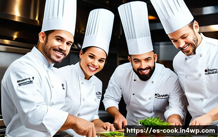 요리 기술 통합을 위한 협업 모델 - A vibrant professional kitchen scene showing a diverse team of chefs collaborating closely, blending...
