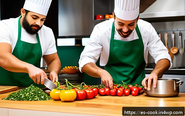 요리 기술 통합을 위한 워크샵 참여 방법 - A vibrant fusion cooking class scene featuring diverse adults in a modern kitchen, blending French s...