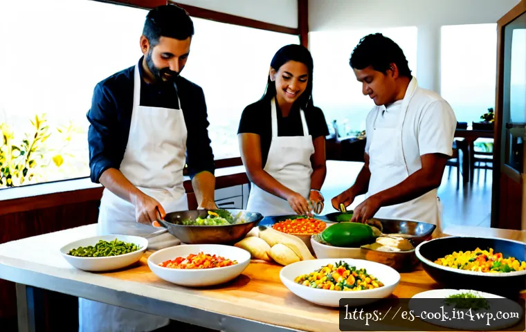 Home 17 전 세계 요리 기술의 협력적 접근 - Photorealistic collaborative culinary workshop in a bright modern teaching kitchen, a Spanish chef, ...