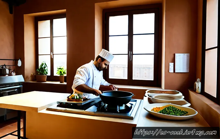세계 요리 기법의 미래 전망 - Photorealistic future-focused culinary studio in Barcelona, a Spanish chef using a precision inducti...